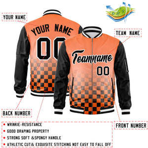 Custom Orange Black-White Grid Varsity Full-Zip Color Block Letterman Raglan Sleeve Jacket