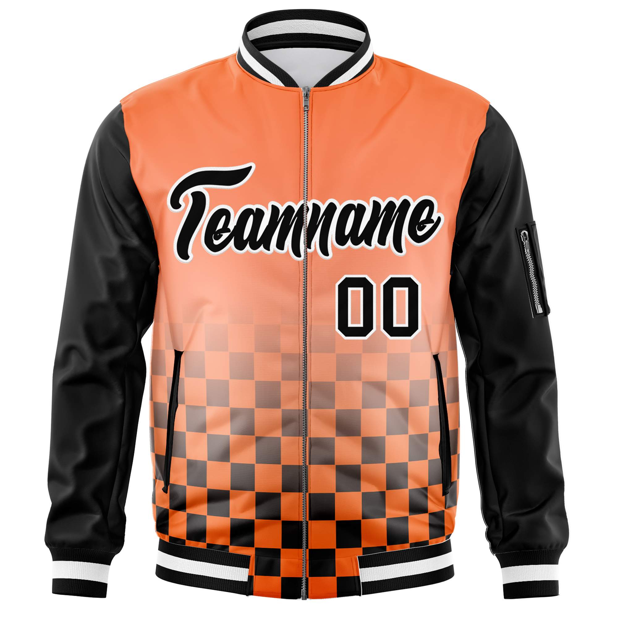 Custom Orange Black-White Grid Varsity Full-Zip Color Block Letterman Raglan Sleeve Jacket