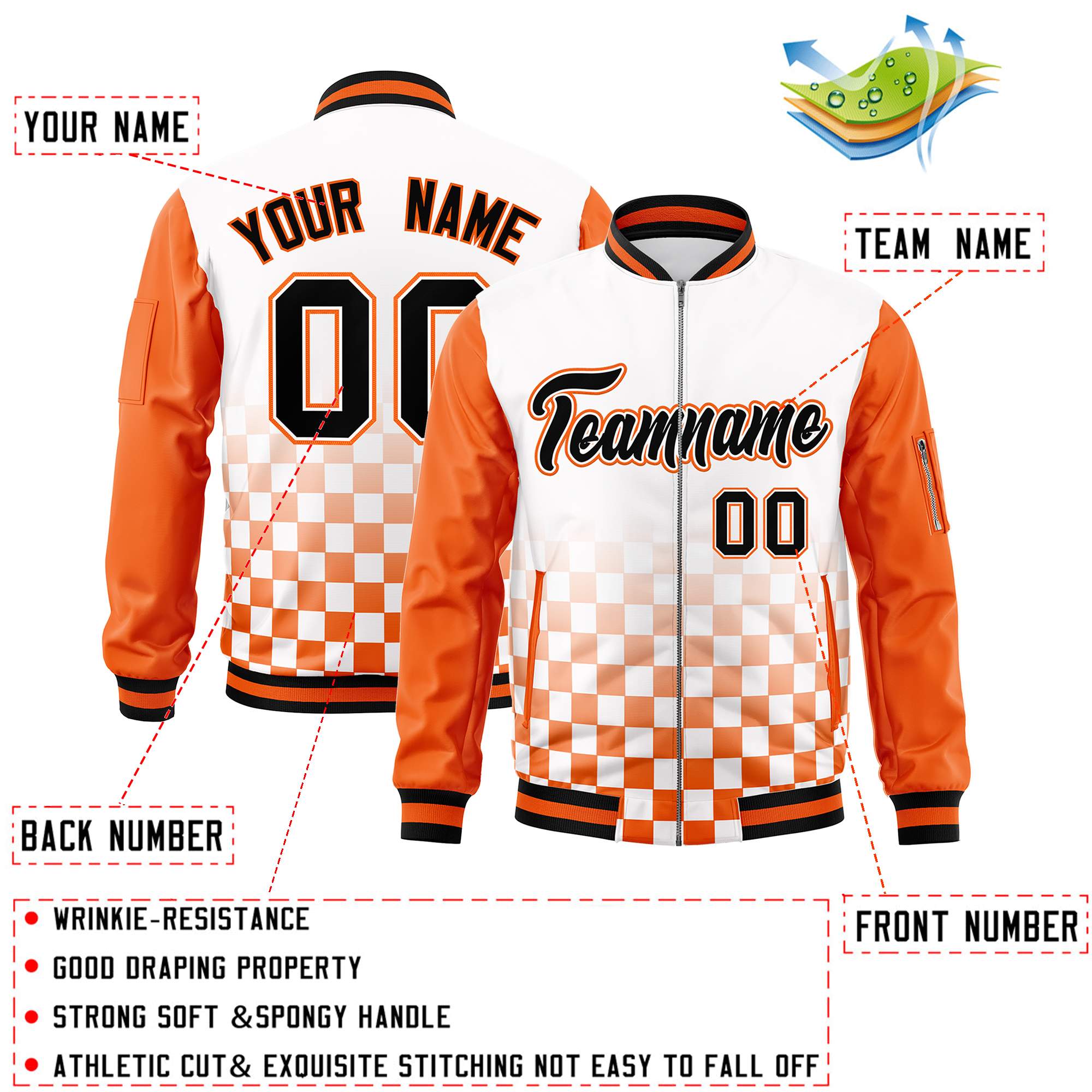 Custom White Black-Orange Grid Varsity Full-Zip Color Block Letterman Raglan Sleeve Jacket