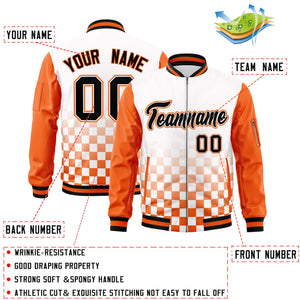 Custom White Black-Orange Grid Varsity Full-Zip Color Block Letterman Raglan Sleeve Jacket