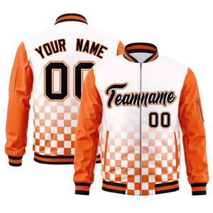 Custom White Black-Orange Grid Varsity Full-Zip Color Block Letterman Raglan Sleeve Jacket