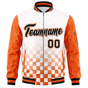 Custom White Black-Orange Grid Varsity Full-Zip Color Block Letterman Raglan Sleeve Jacket