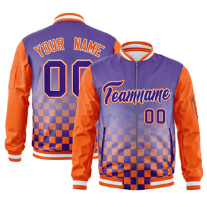 Custom Purple Orange Grid Varsity Full-Zip Color Block Letterman Raglan Sleeve Jacket