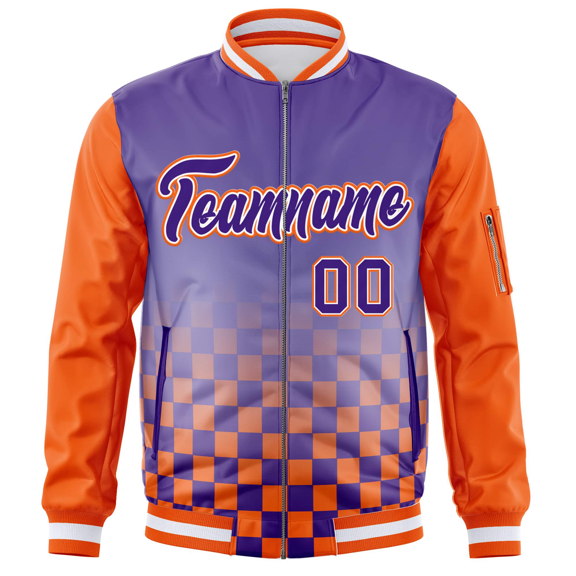 Custom Purple Orange Grid Varsity Full-Zip Color Block Letterman Raglan Sleeve Jacket