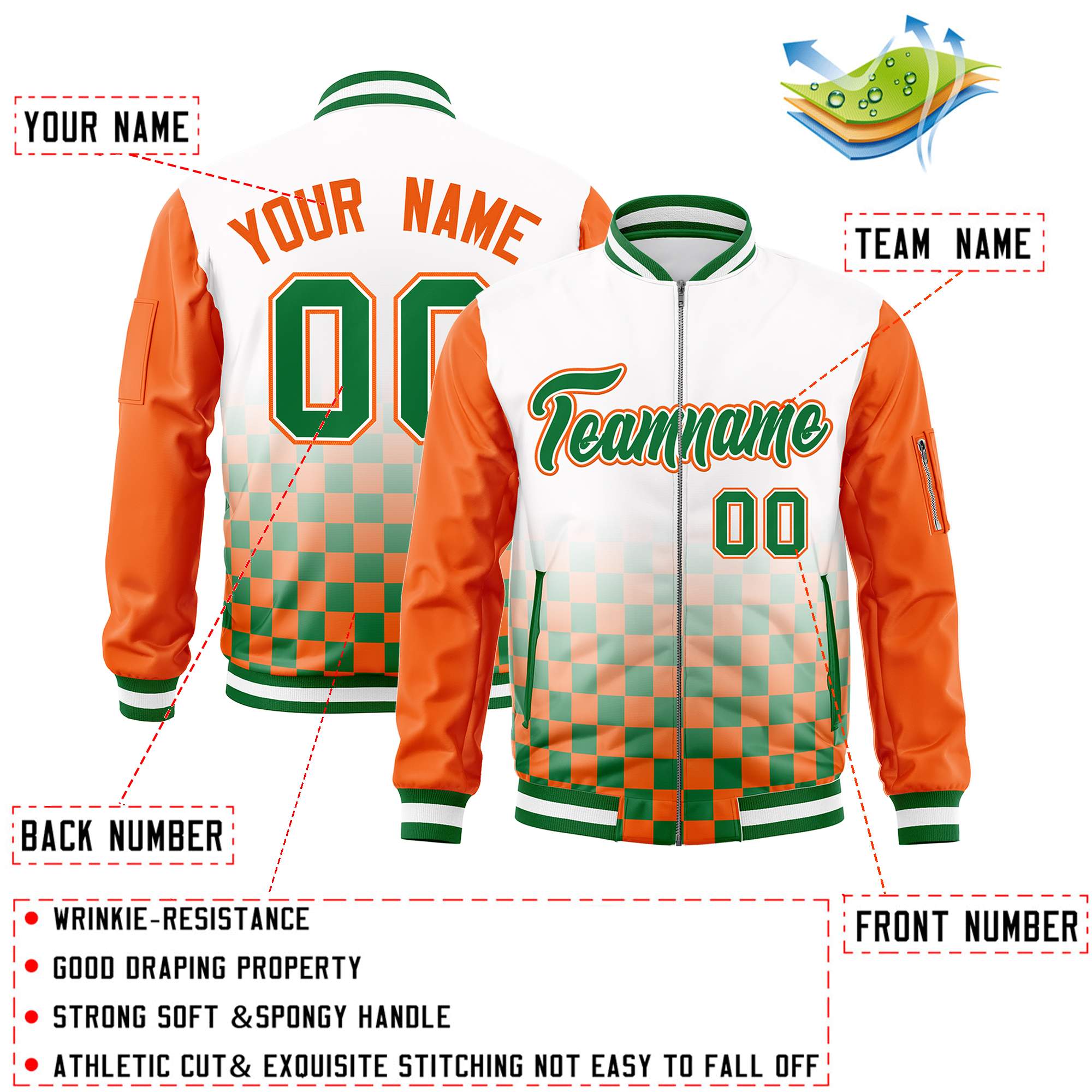 Custom White Kelly Green-Orange Grid Varsity Full-Zip Color Block Letterman Raglan Sleeve Jacket