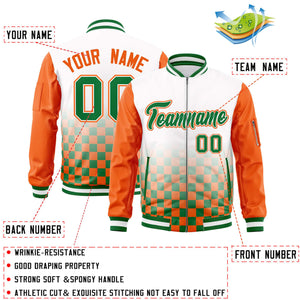 Custom White Kelly Green-Orange Grid Varsity Full-Zip Color Block Letterman Raglan Sleeve Jacket