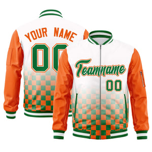 Custom White Kelly Green-Orange Grid Varsity Full-Zip Color Block Letterman Raglan Sleeve Jacket