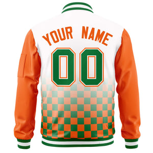 Custom White Kelly Green-Orange Grid Varsity Full-Zip Color Block Letterman Raglan Sleeve Jacket