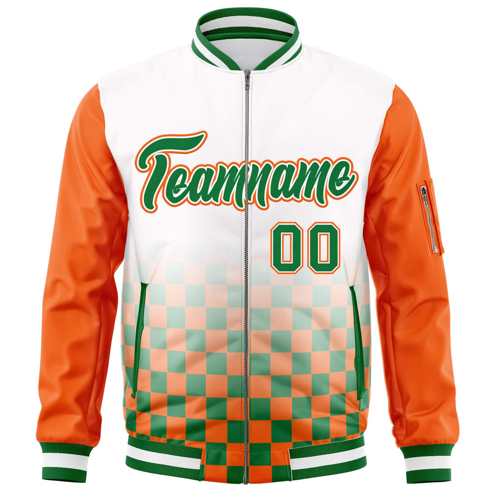 Custom White Kelly Green-Orange Grid Varsity Full-Zip Color Block Letterman Raglan Sleeve Jacket