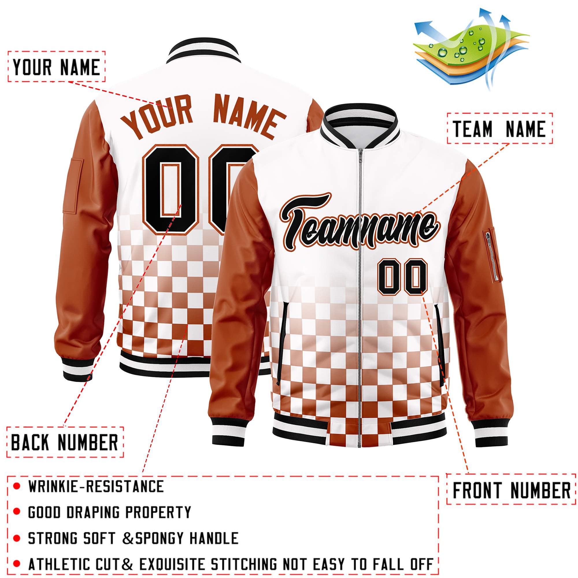 Custom White Black-Orange Grid Varsity Full-Zip Color Block Letterman Raglan Sleeve Jacket