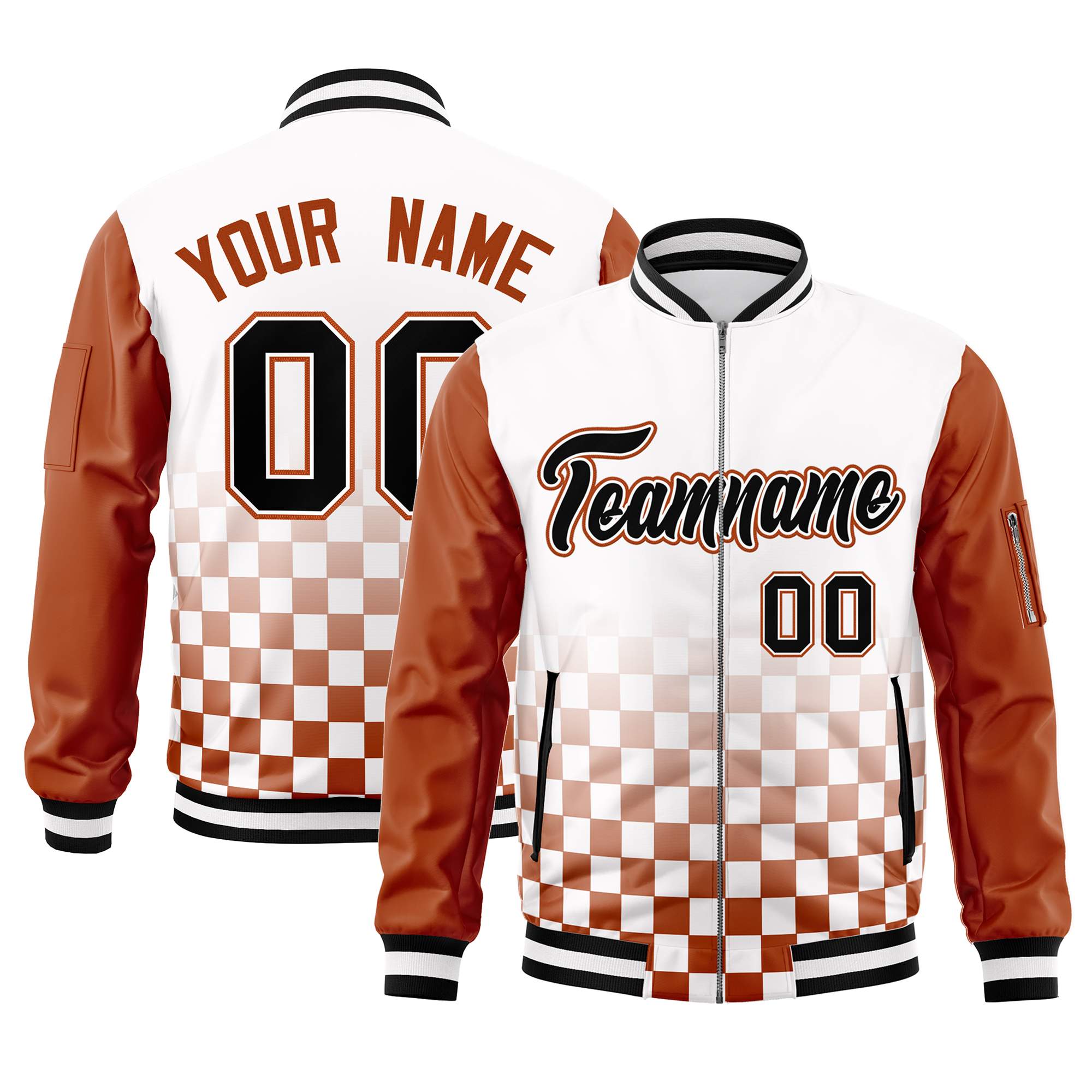 Custom White Black-Orange Grid Varsity Full-Zip Color Block Letterman Raglan Sleeve Jacket