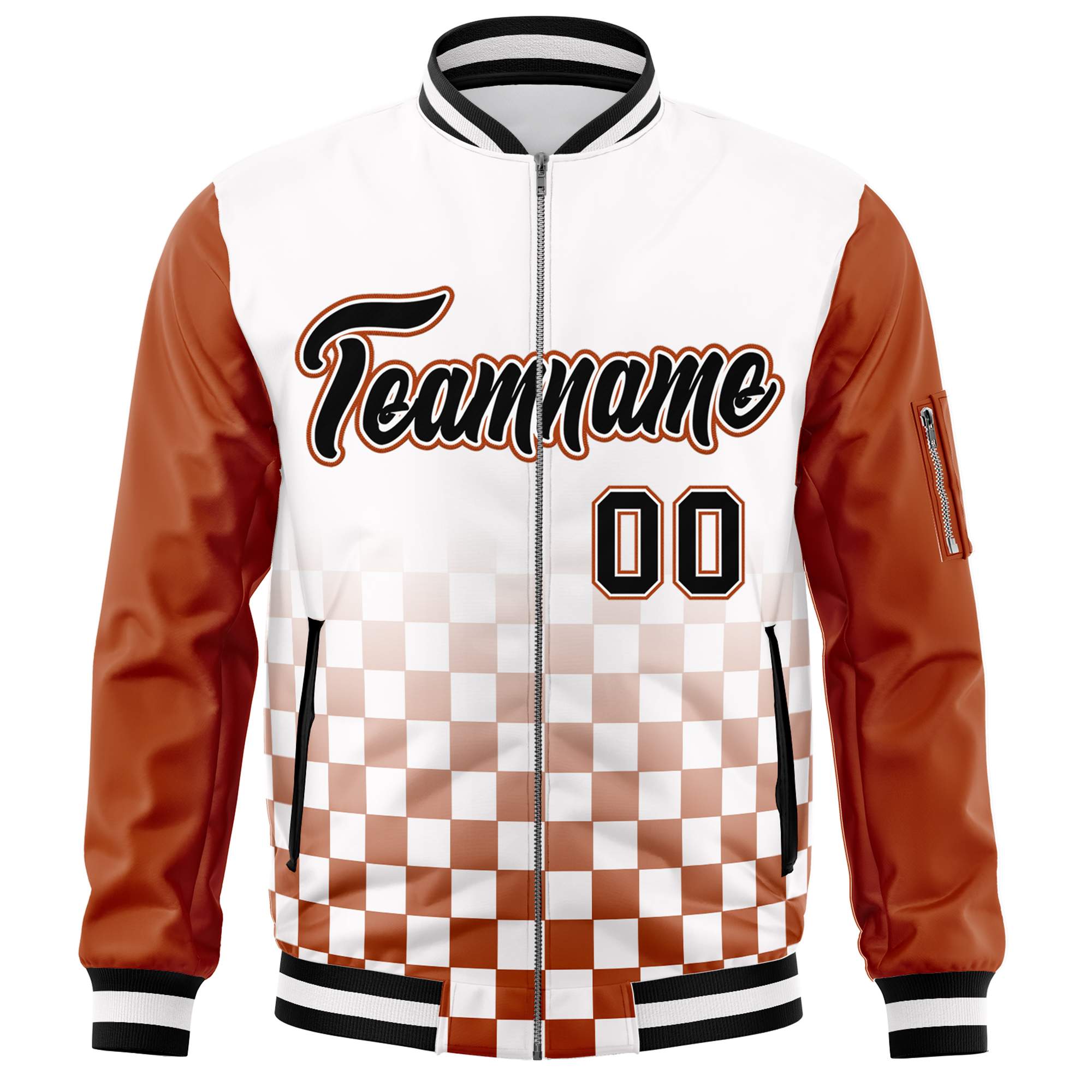 Custom White Black-Orange Grid Varsity Full-Zip Color Block Letterman Raglan Sleeve Jacket