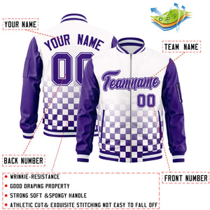 Custom White Purple Grid Varsity Full-Zip Color Block Letterman Raglan Sleeve Jacket