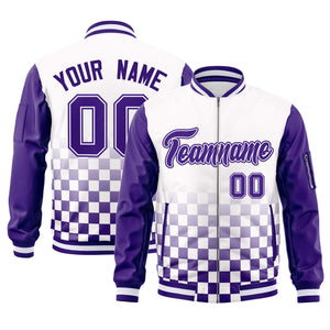 Custom White Purple Grid Varsity Full-Zip Color Block Letterman Raglan Sleeve Jacket