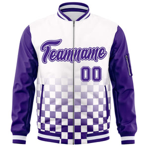 Custom White Purple Grid Varsity Full-Zip Color Block Letterman Raglan Sleeve Jacket