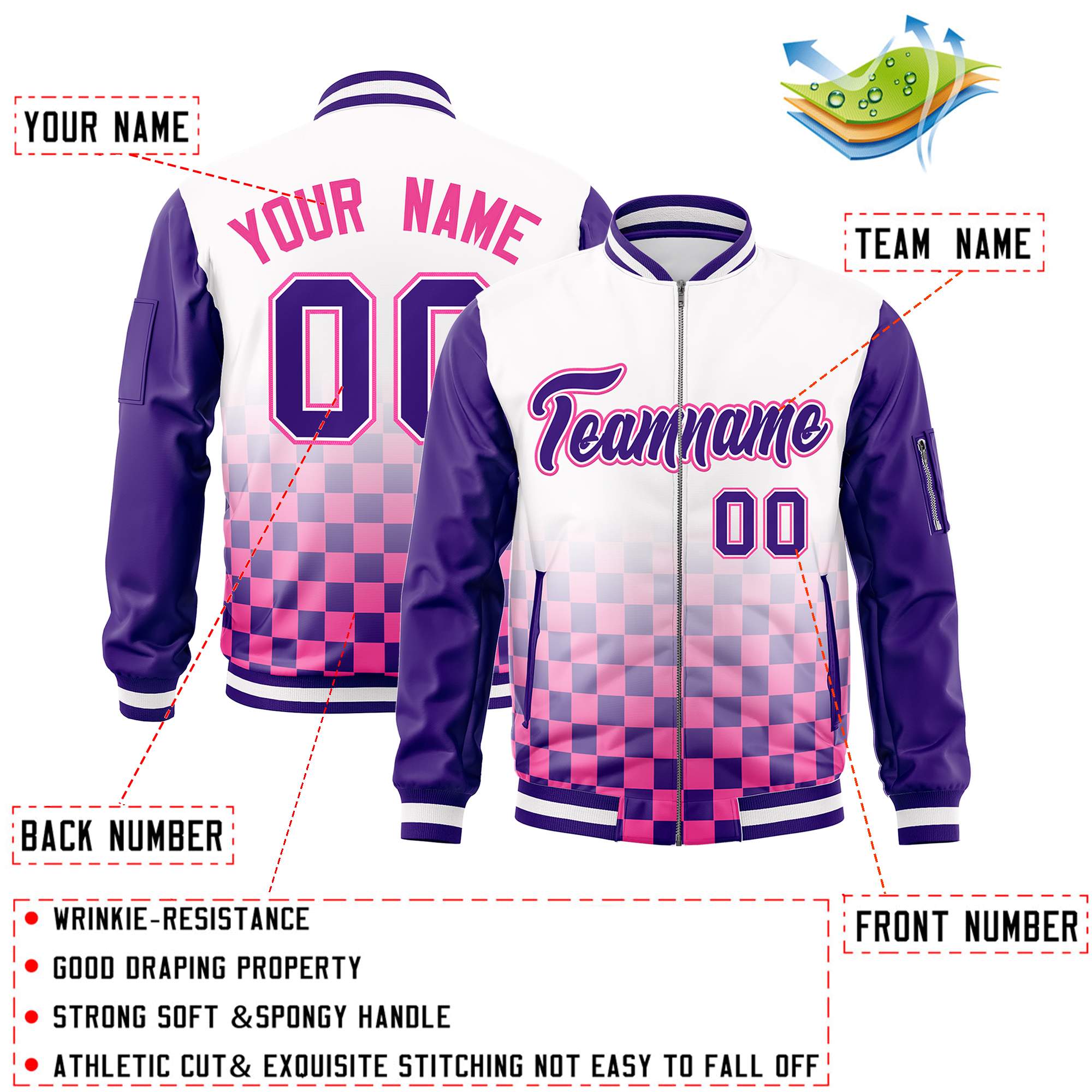 Custom White Purple-Pink Grid Varsity Full-Zip Color Block Letterman Raglan Sleeve Jacket