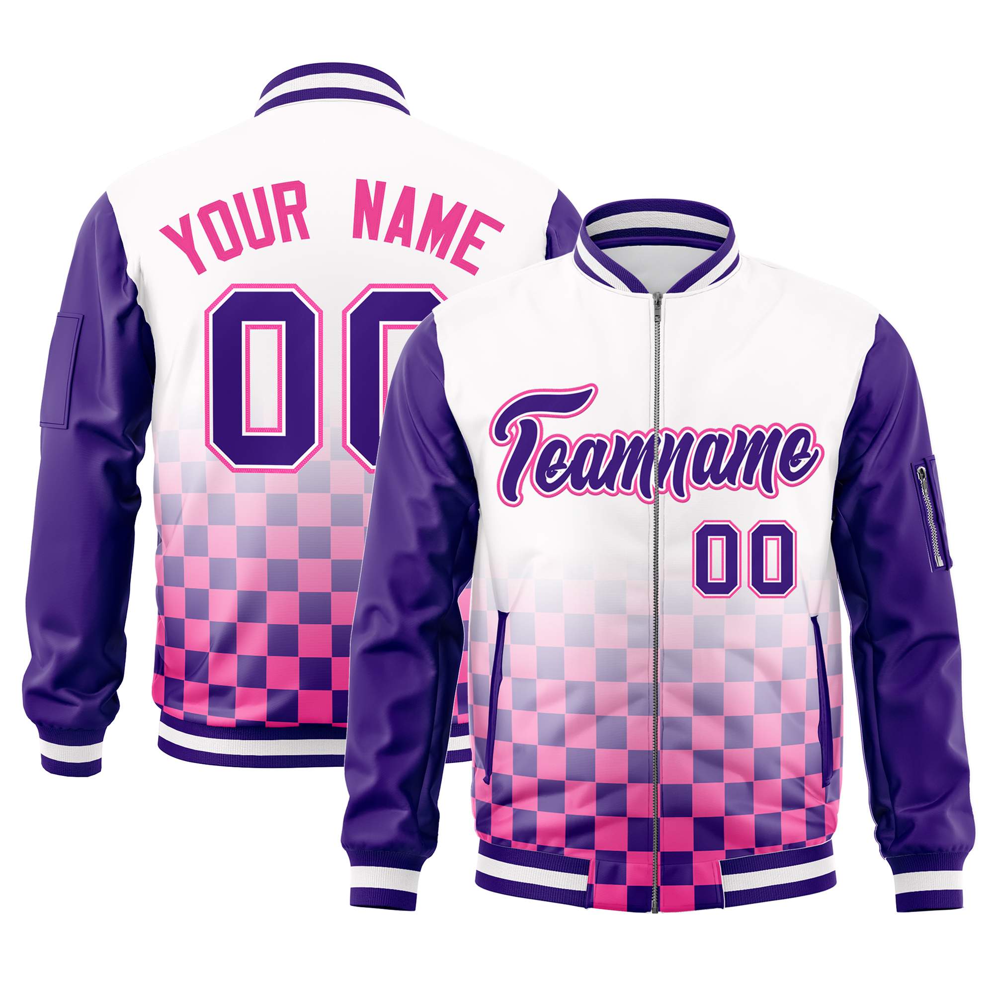 Custom White Purple-Pink Grid Varsity Full-Zip Color Block Letterman Raglan Sleeve Jacket