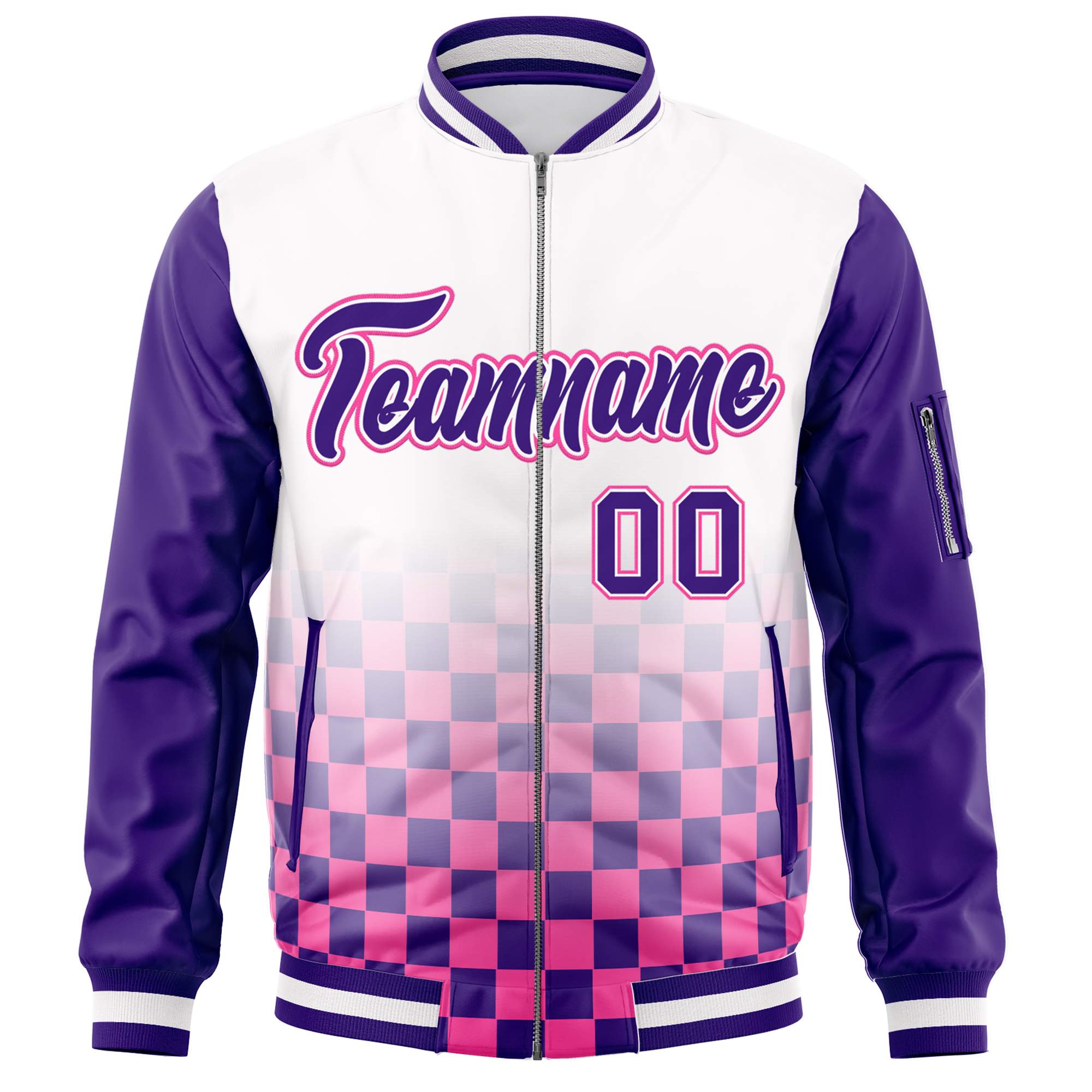 Custom White Purple-Pink Grid Varsity Full-Zip Color Block Letterman Raglan Sleeve Jacket