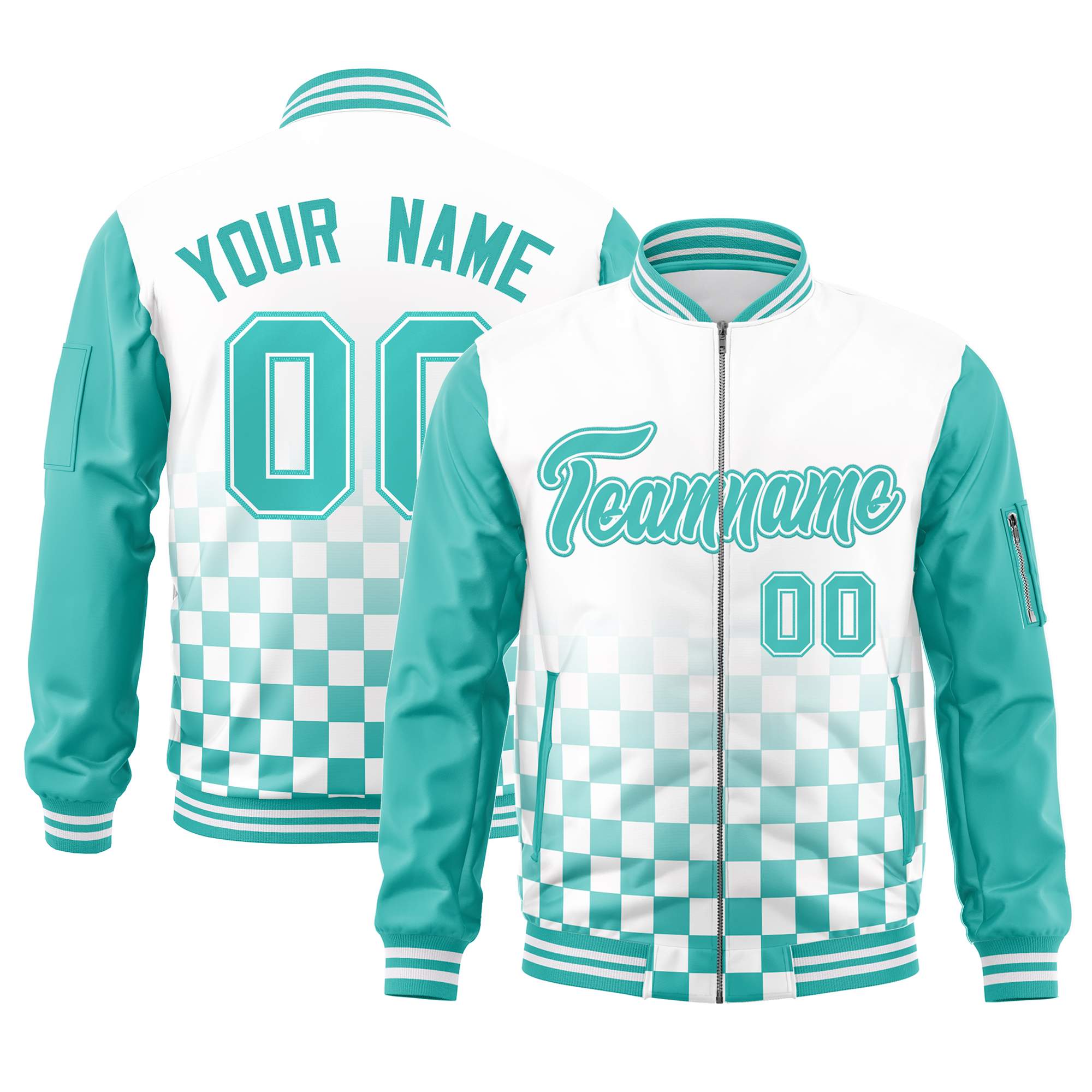 Custom White Aqua Grid Varsity Full-Zip Color Block Letterman Raglan Sleeve Jacket