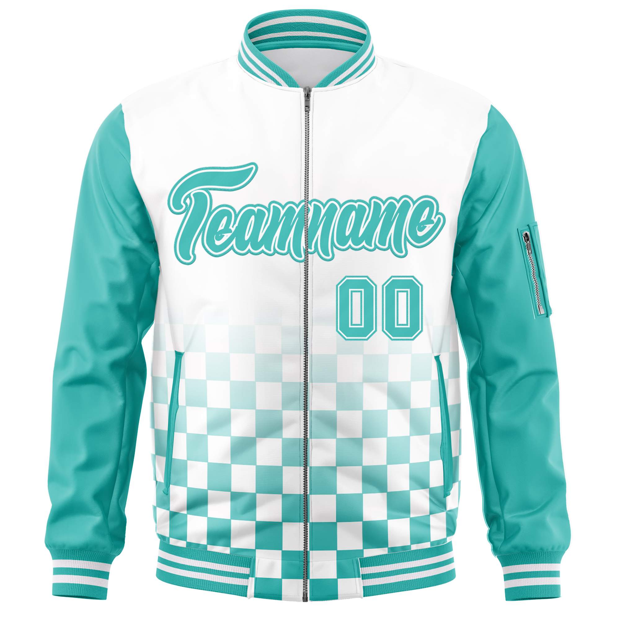 Custom White Aqua Grid Varsity Full-Zip Color Block Letterman Raglan Sleeve Jacket