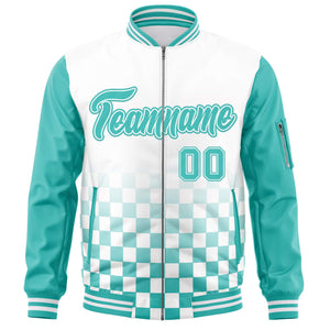 Custom White Aqua Grid Varsity Full-Zip Color Block Letterman Raglan Sleeve Jacket