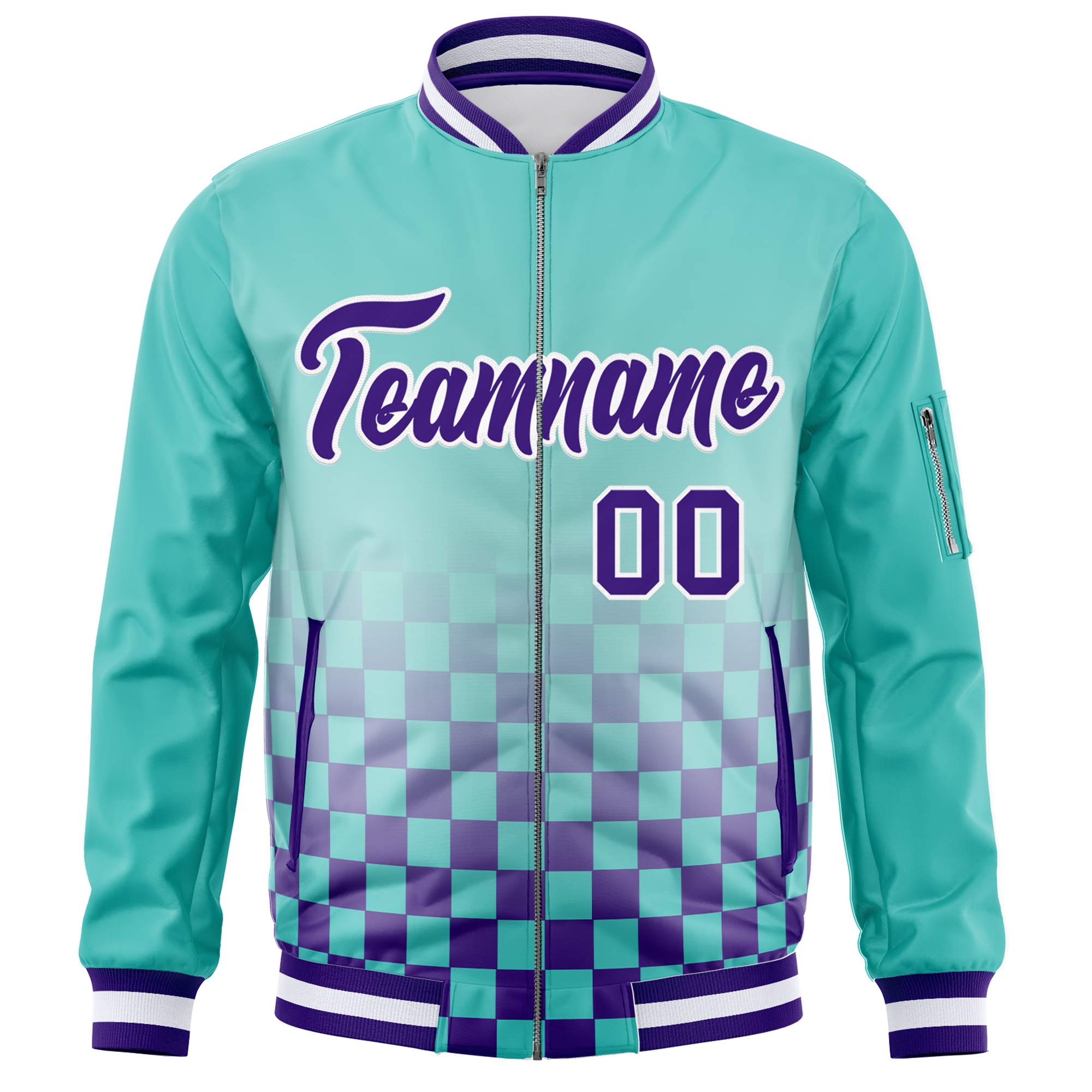 Custom Aqua Purple-White Grid Varsity Full-Zip Color Block Letterman Bomber Jacket