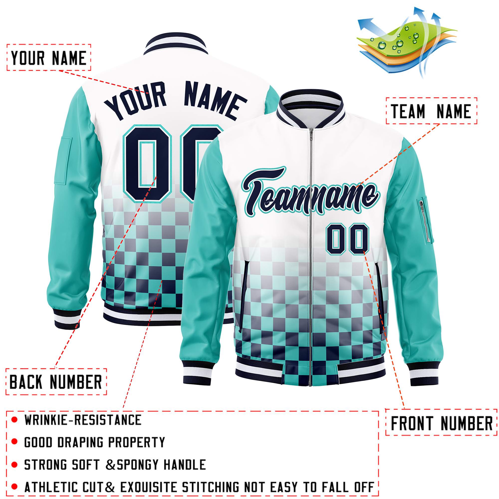 Custom White Navy-Aqua Grid Varsity Full-Zip Color Block Letterman Raglan Sleeve Jacket