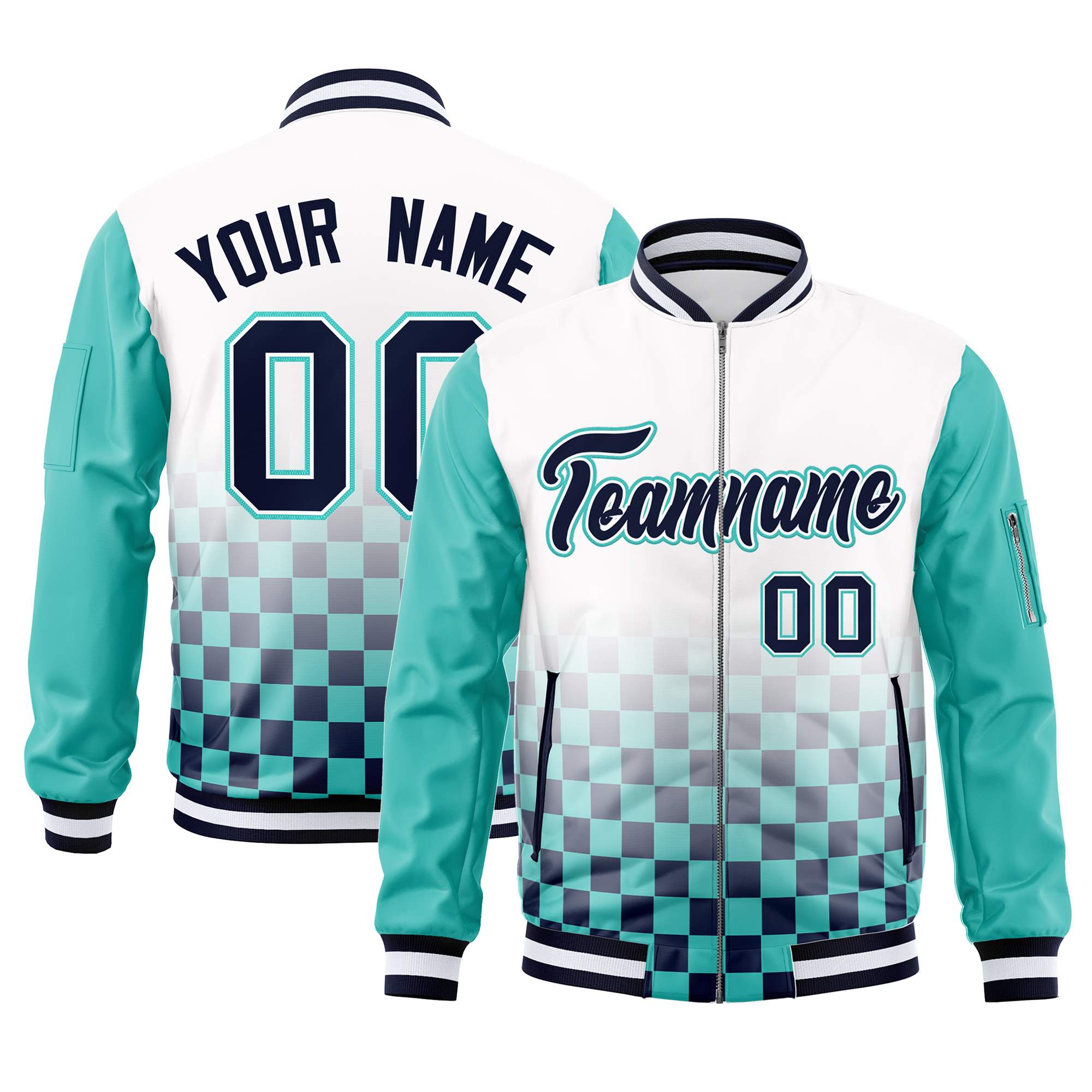 Custom White Navy-Aqua Grid Varsity Full-Zip Color Block Letterman Raglan Sleeve Jacket