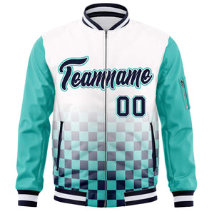 Custom White Navy-Aqua Grid Varsity Full-Zip Color Block Letterman Raglan Sleeve Jacket