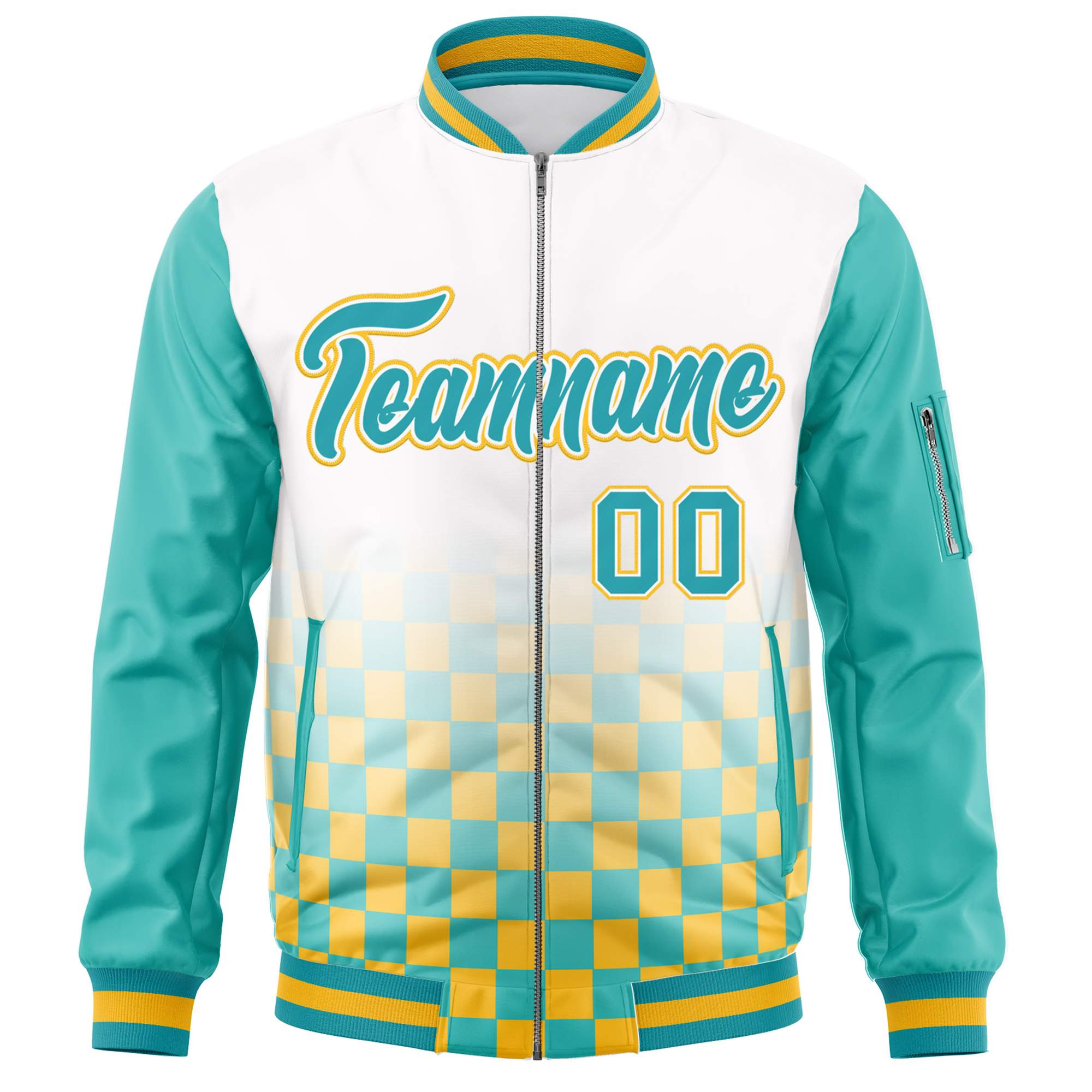 Custom White Aqua-Gold Grid Varsity Full-Zip Color Block Letterman Raglan Sleeve Jacket