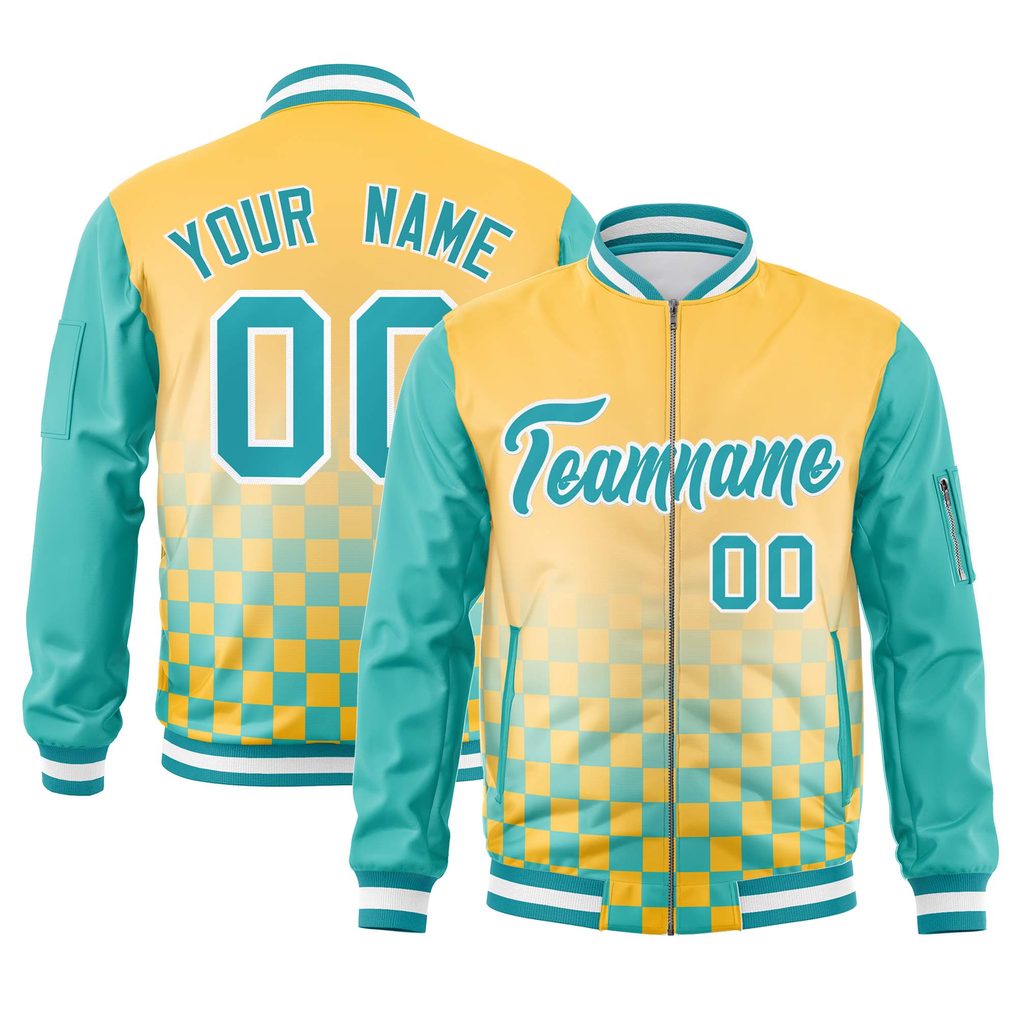 Custom Gold Aqua-White Grid Varsity Full-Zip Color Block Letterman Raglan Sleeve Jacket