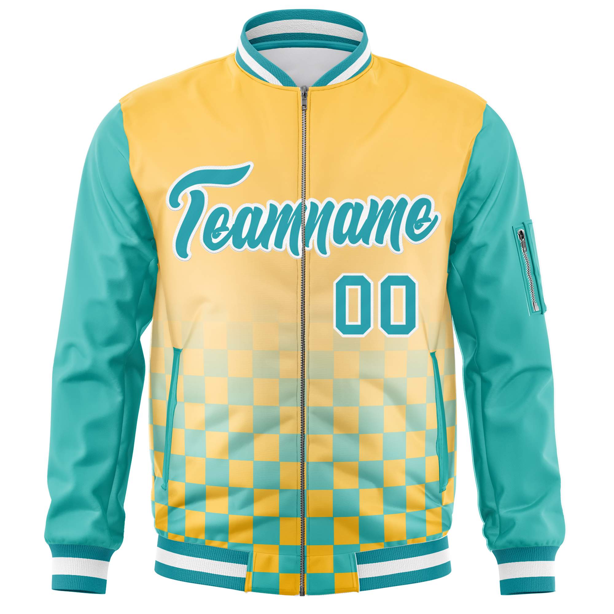 Custom Gold Aqua-White Grid Varsity Full-Zip Color Block Letterman Raglan Sleeve Jacket