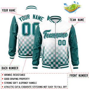 Custom White Aqua Grid Varsity Full-Zip Color Block Letterman Raglan Sleeve Jacket