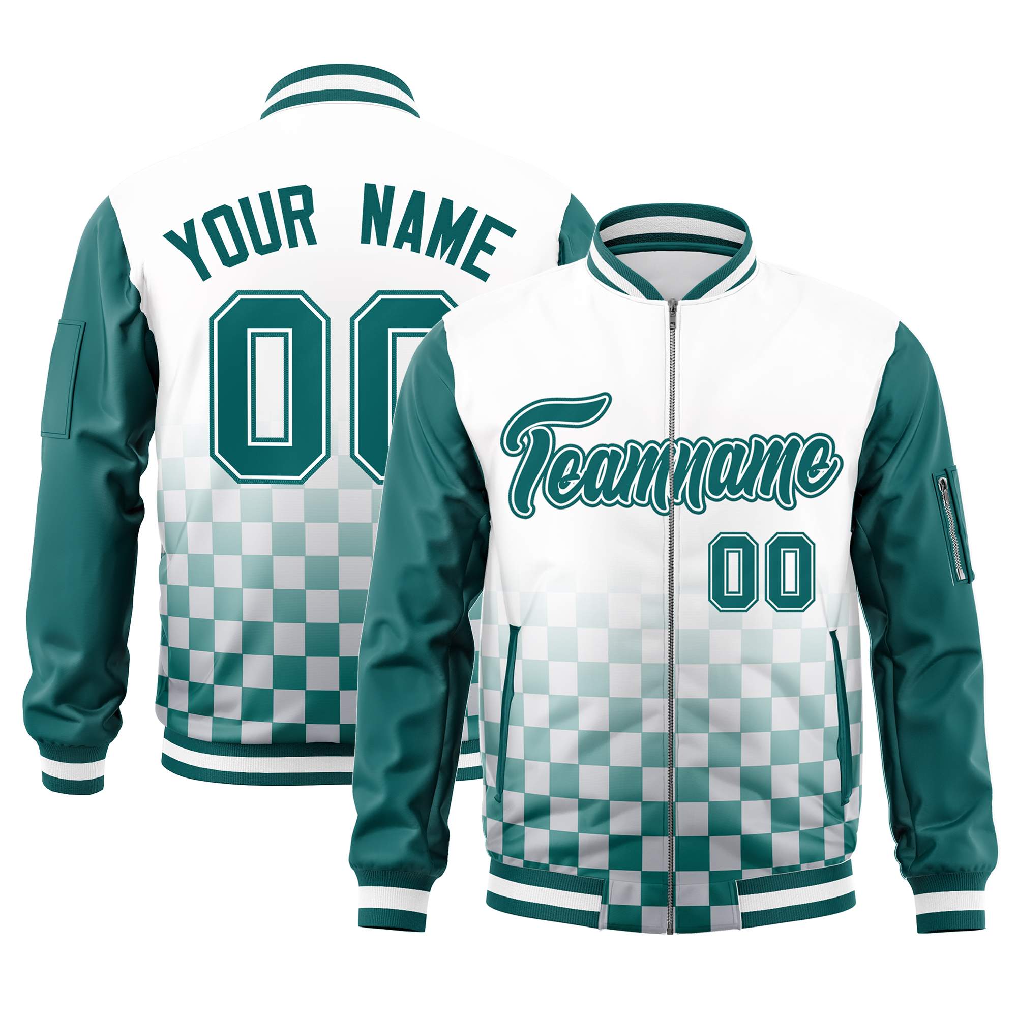 Custom White Aqua Grid Varsity Full-Zip Color Block Letterman Raglan Sleeve Jacket