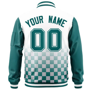 Custom White Aqua Grid Varsity Full-Zip Color Block Letterman Raglan Sleeve Jacket