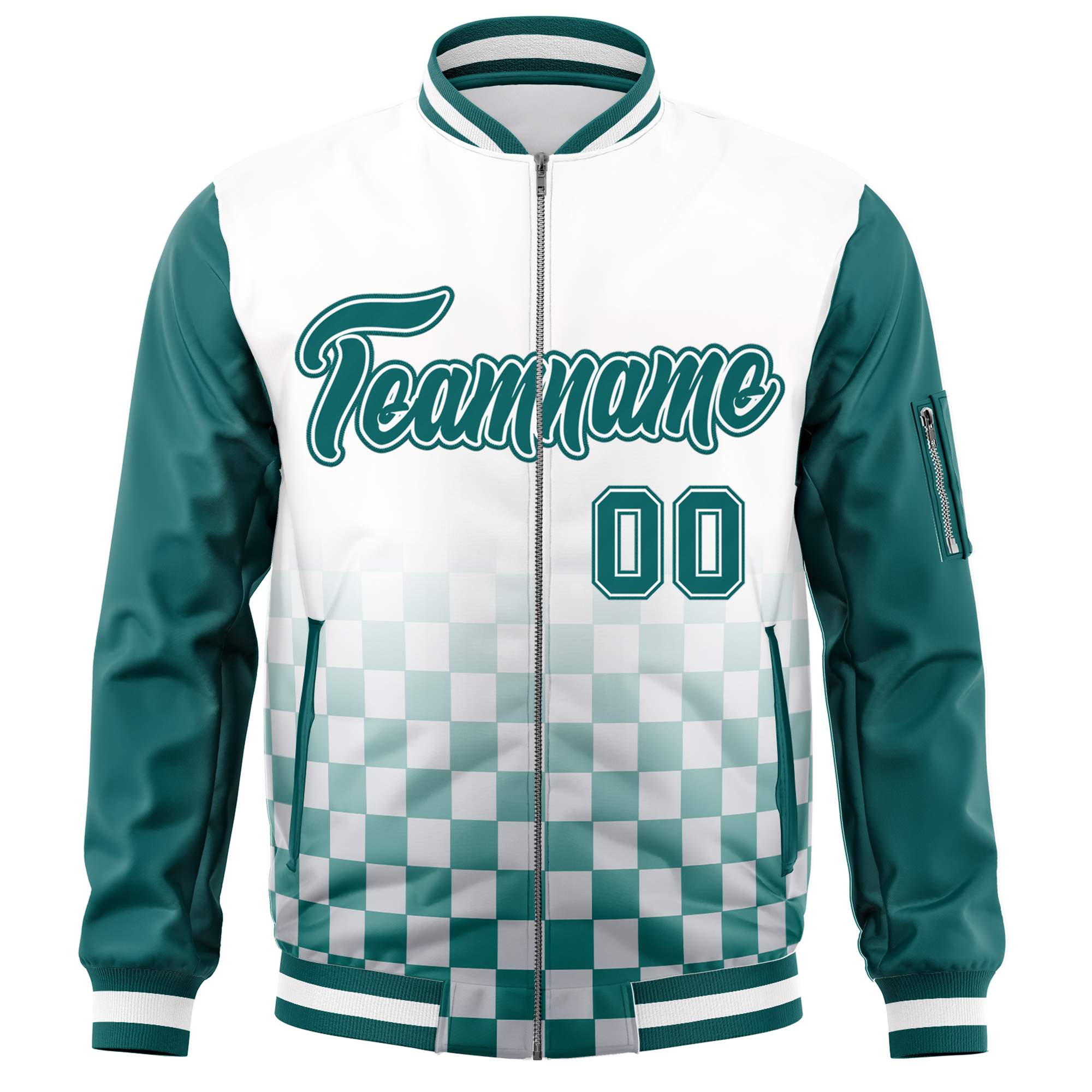 Custom White Aqua Grid Varsity Full-Zip Color Block Letterman Raglan Sleeve Jacket