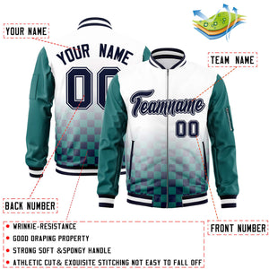 Custom White Navy-Aqua Grid Varsity Full-Zip Color Block Letterman Raglan Sleeve Jacket