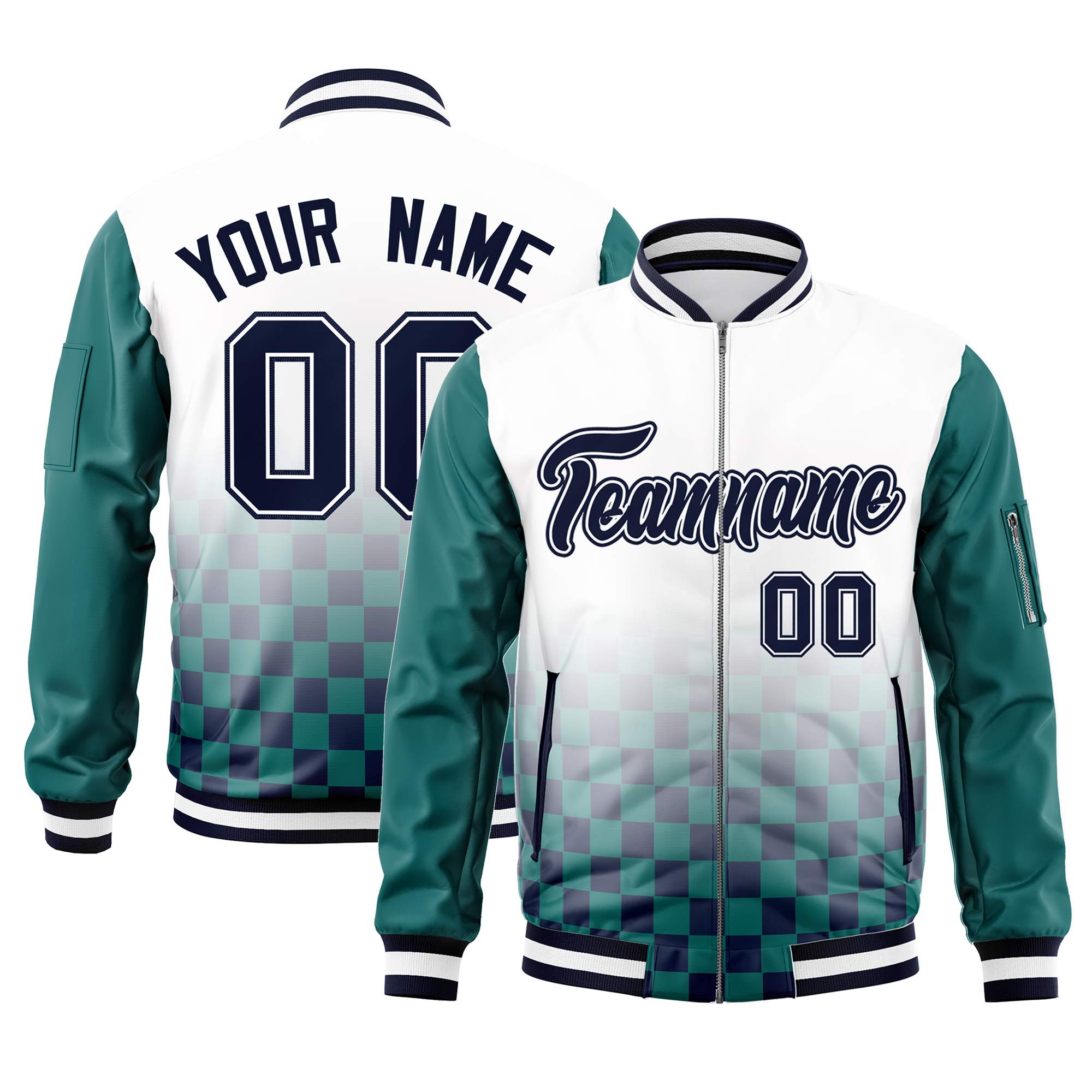 Custom White Navy-Aqua Grid Varsity Full-Zip Color Block Letterman Raglan Sleeve Jacket