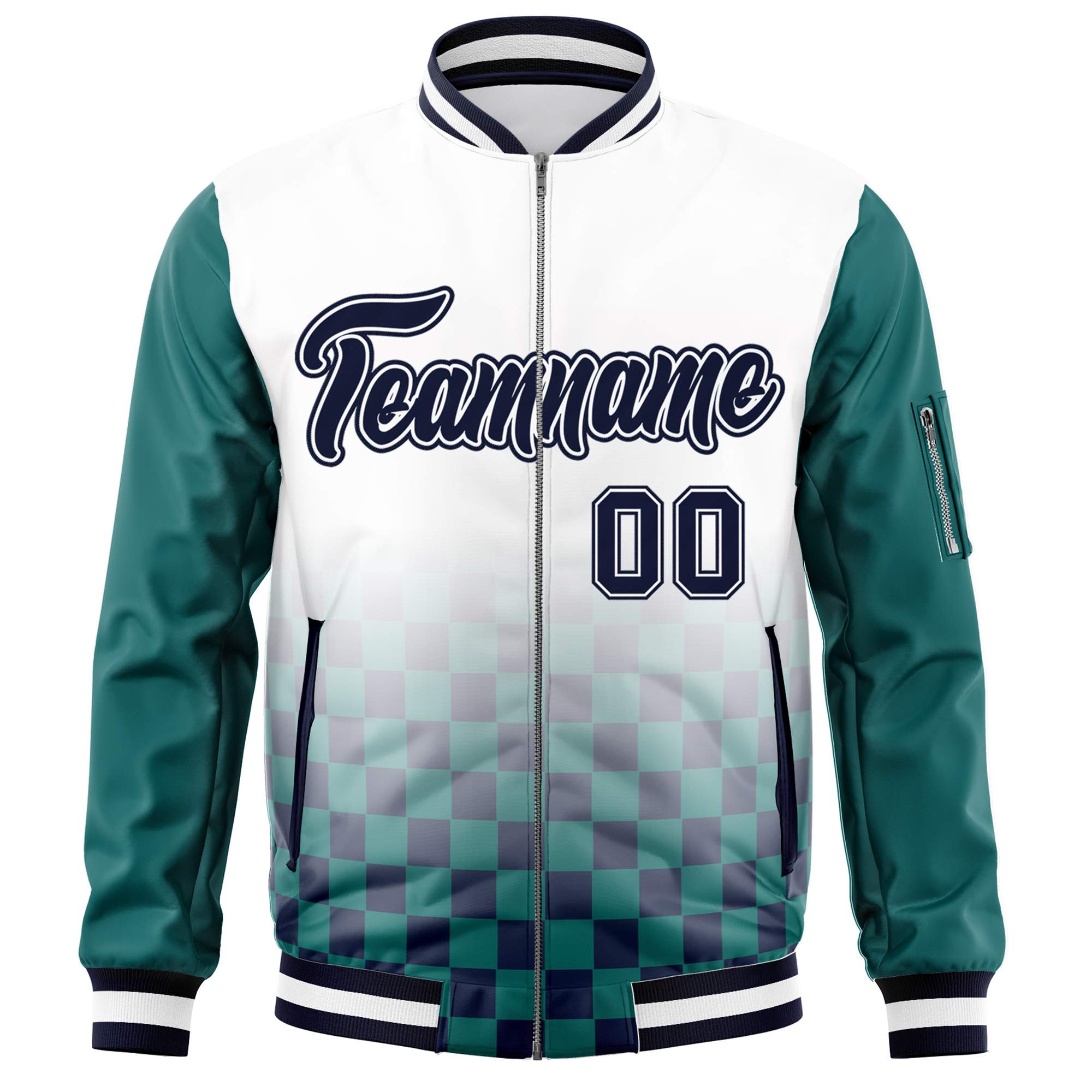 Custom White Navy-Aqua Grid Varsity Full-Zip Color Block Letterman Raglan Sleeve Jacket