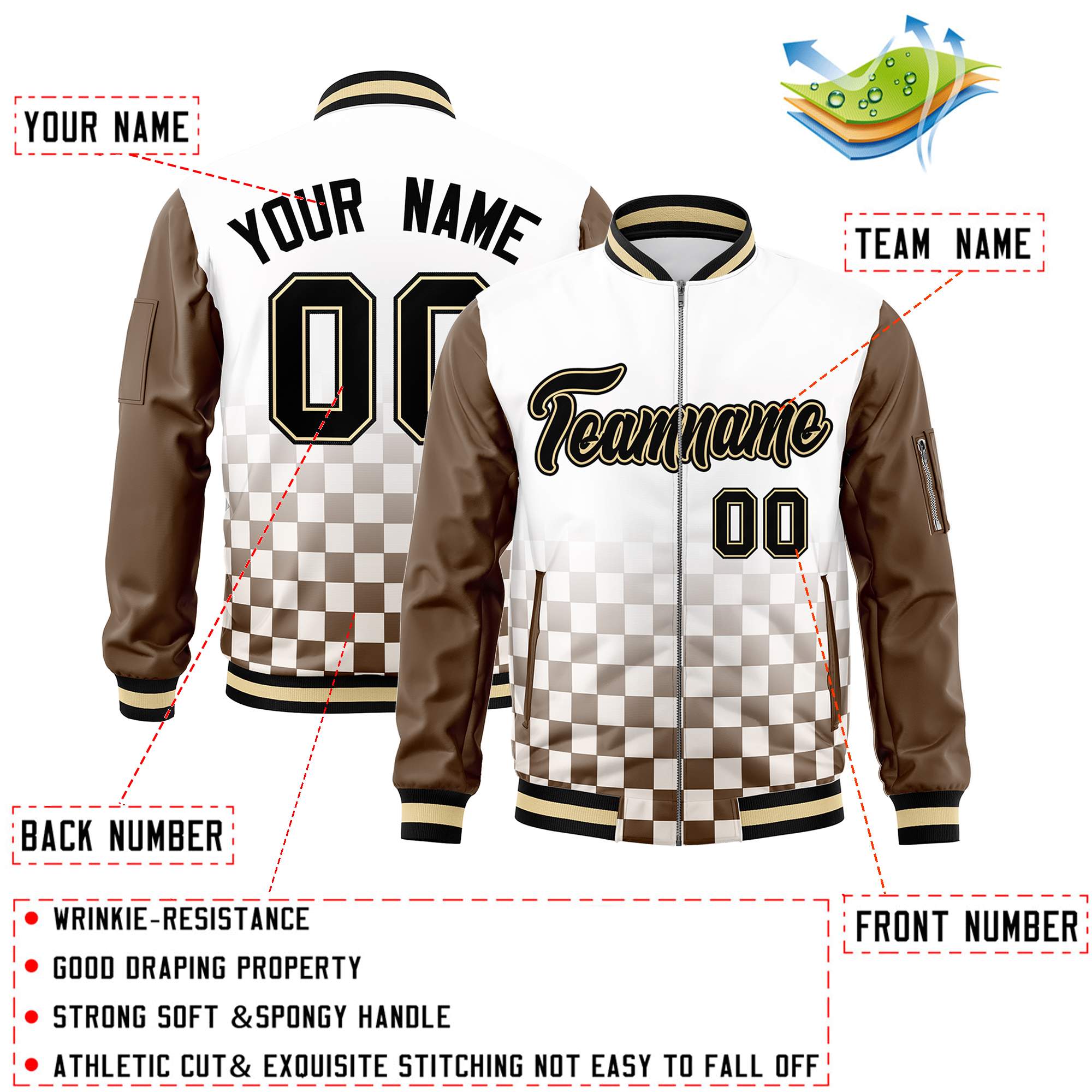 Custom White Black-Brown Grid Varsity Full-Zip Color Block Letterman Raglan Sleeve Jacket