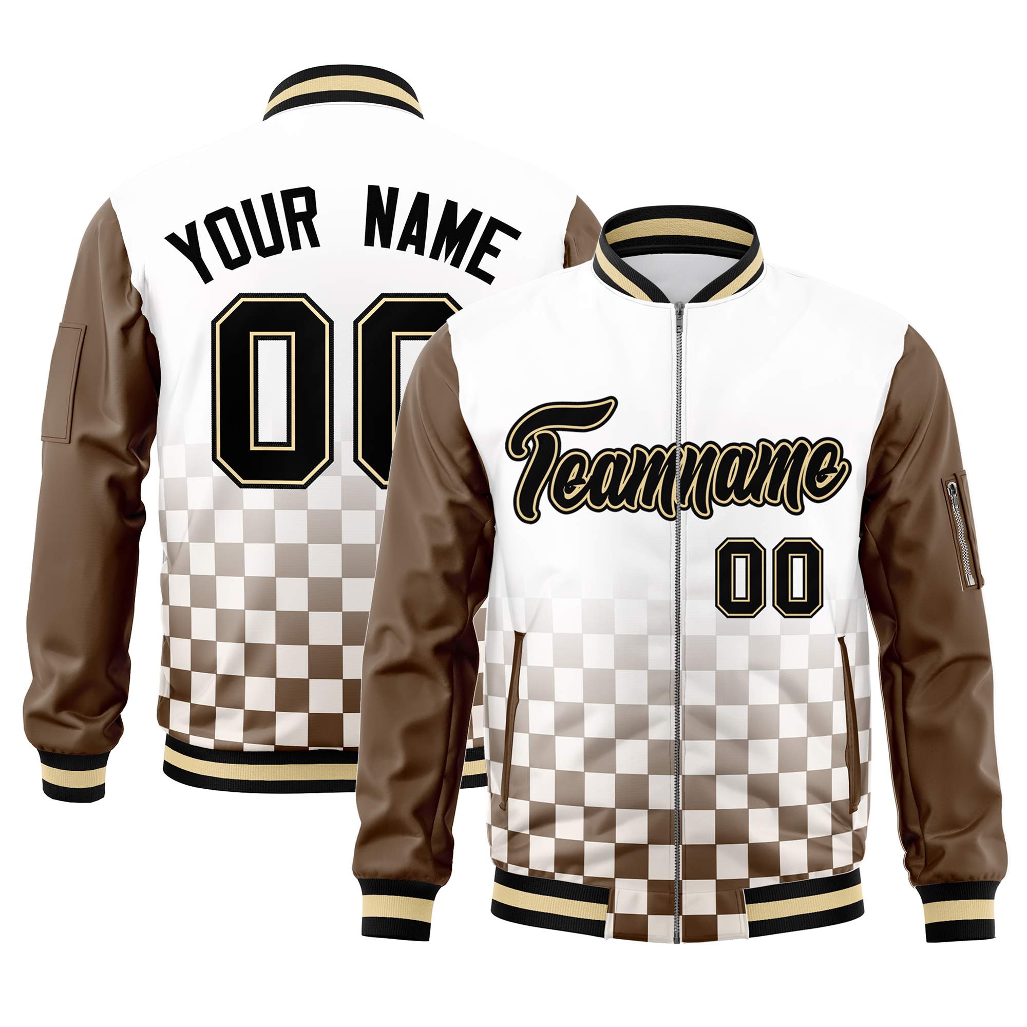 Custom White Black-Brown Grid Varsity Full-Zip Color Block Letterman Raglan Sleeve Jacket