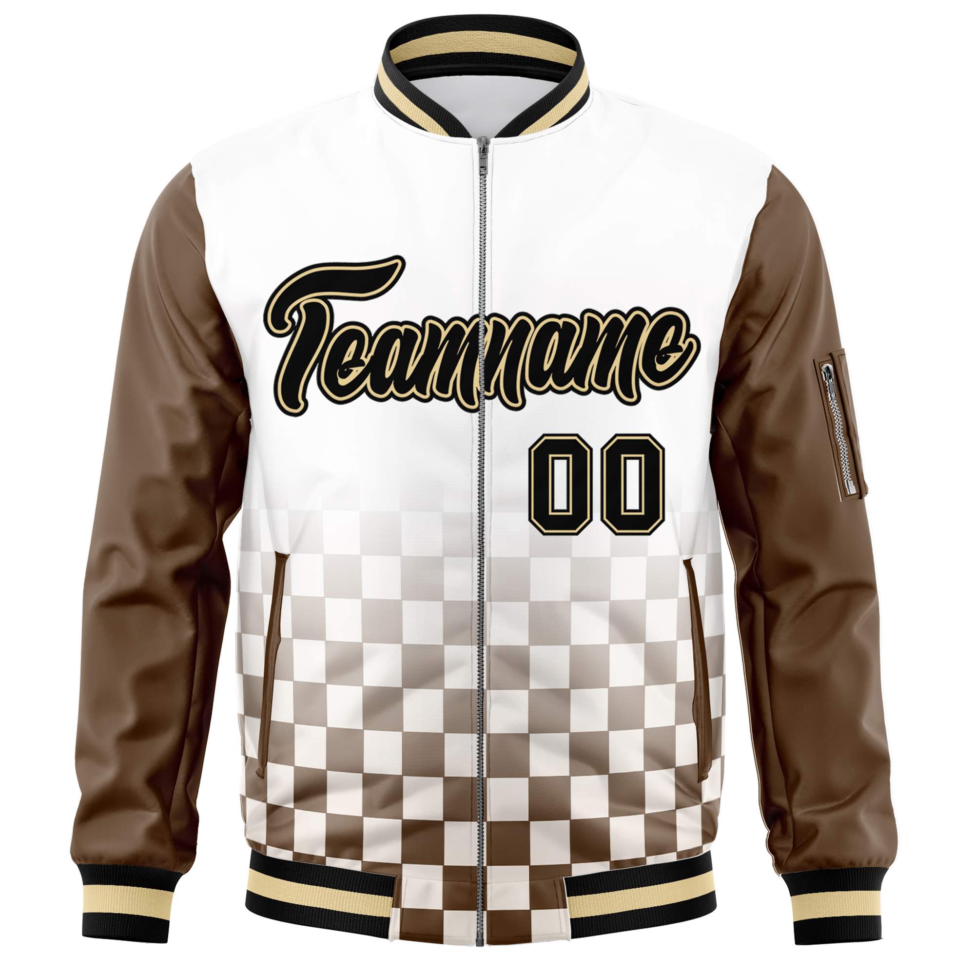 Custom White Black-Brown Grid Varsity Full-Zip Color Block Letterman Raglan Sleeve Jacket