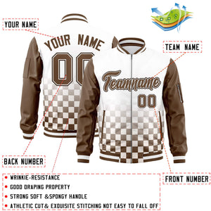 Custom White Brown Grid Varsity Full-Zip Color Block Letterman Raglan Sleeve Jacket