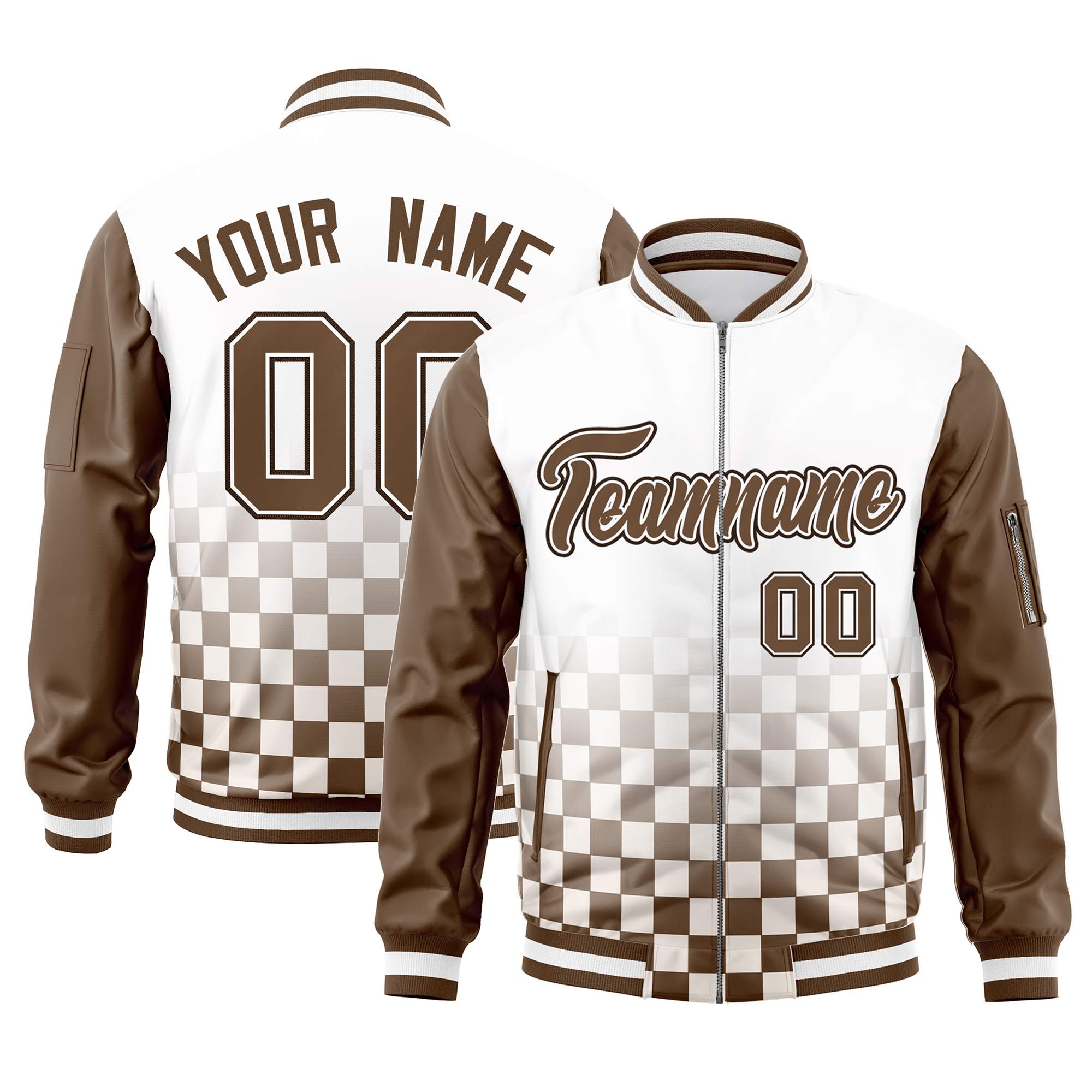 Custom White Brown Grid Varsity Full-Zip Color Block Letterman Raglan Sleeve Jacket