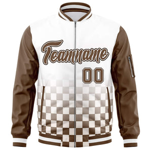 Custom White Brown Grid Varsity Full-Zip Color Block Letterman Raglan Sleeve Jacket