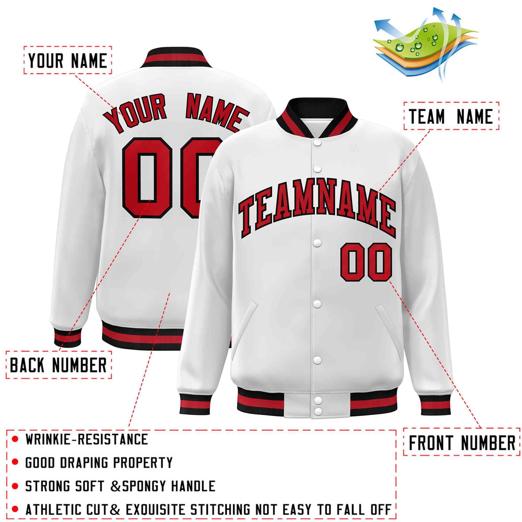 Custom White Red-Black Classic Style Varsity Full-Snap Letterman Jacket