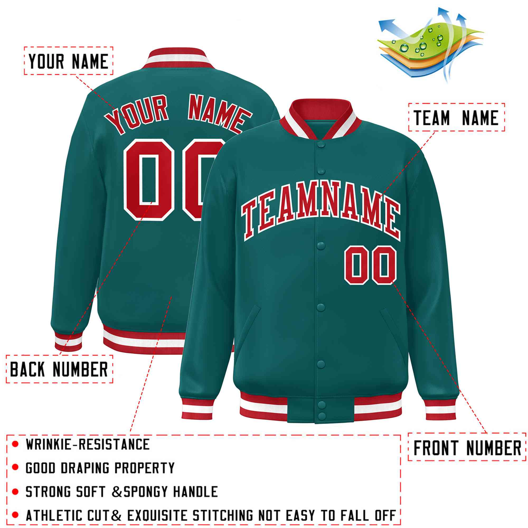 Custom Aqua Red-White Classic Style Varsity Full-Snap Letterman Jacket