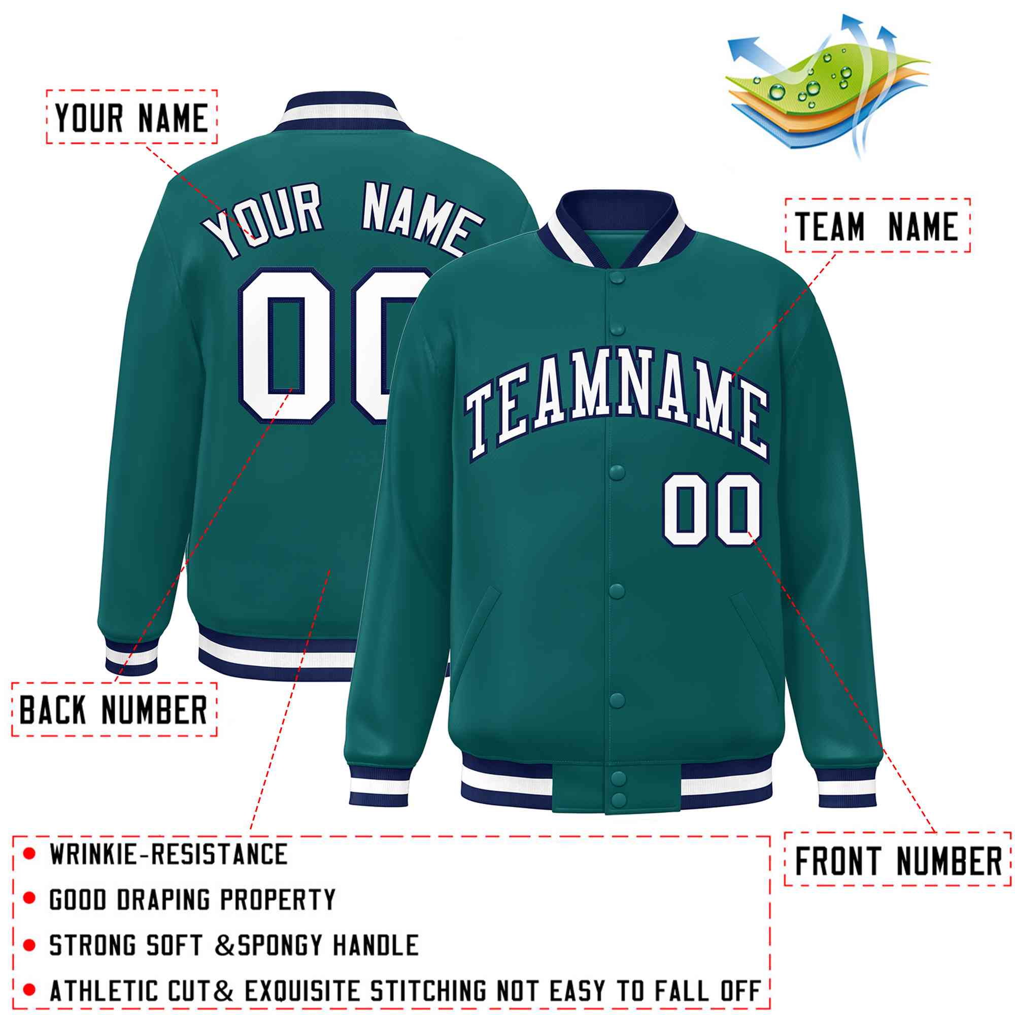 Custom Aqua White-Navy Classic Style Varsity Full-Snap Letterman Jacket