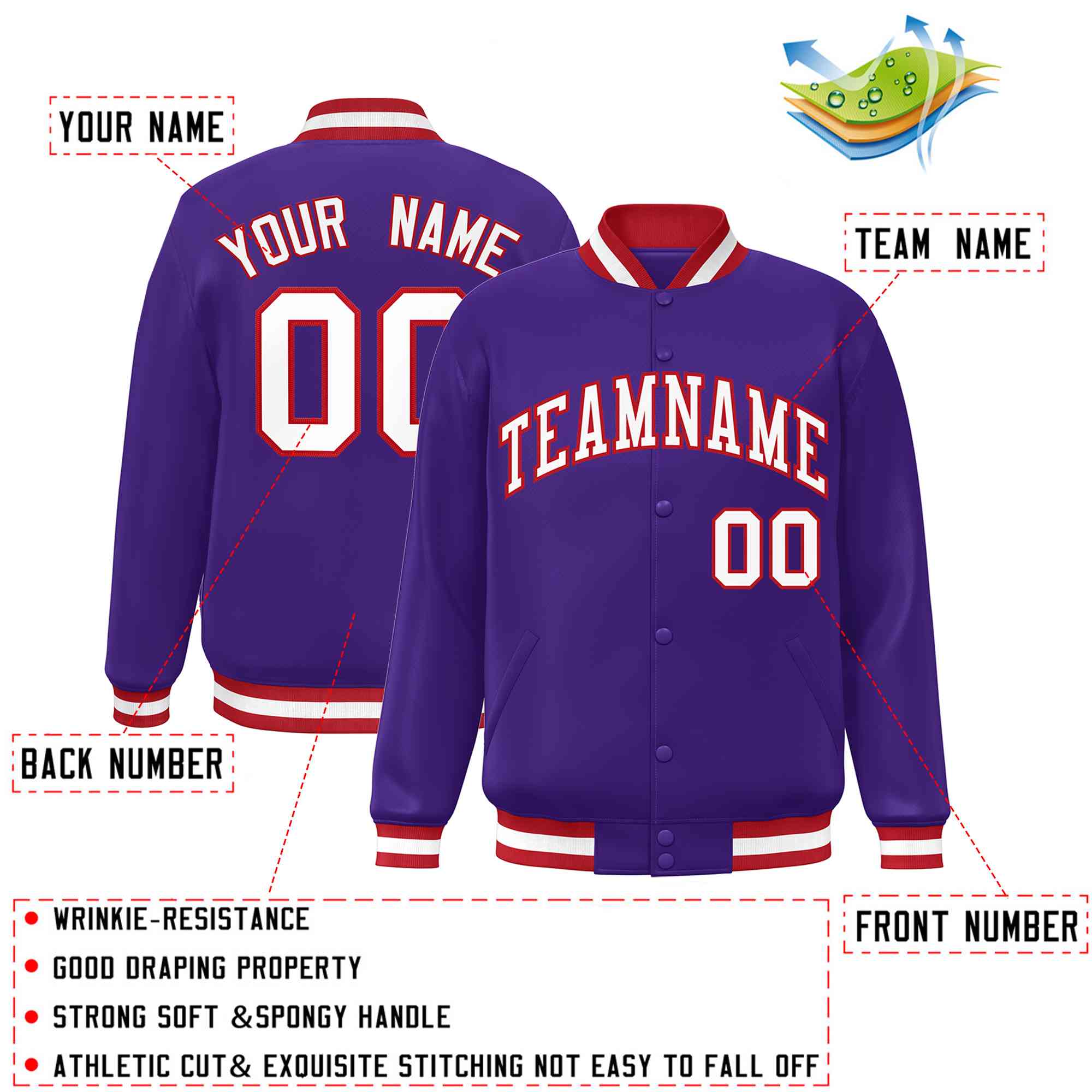 Custom Purple White-Red Classic Style Varsity Full-Snap Letterman Jacket