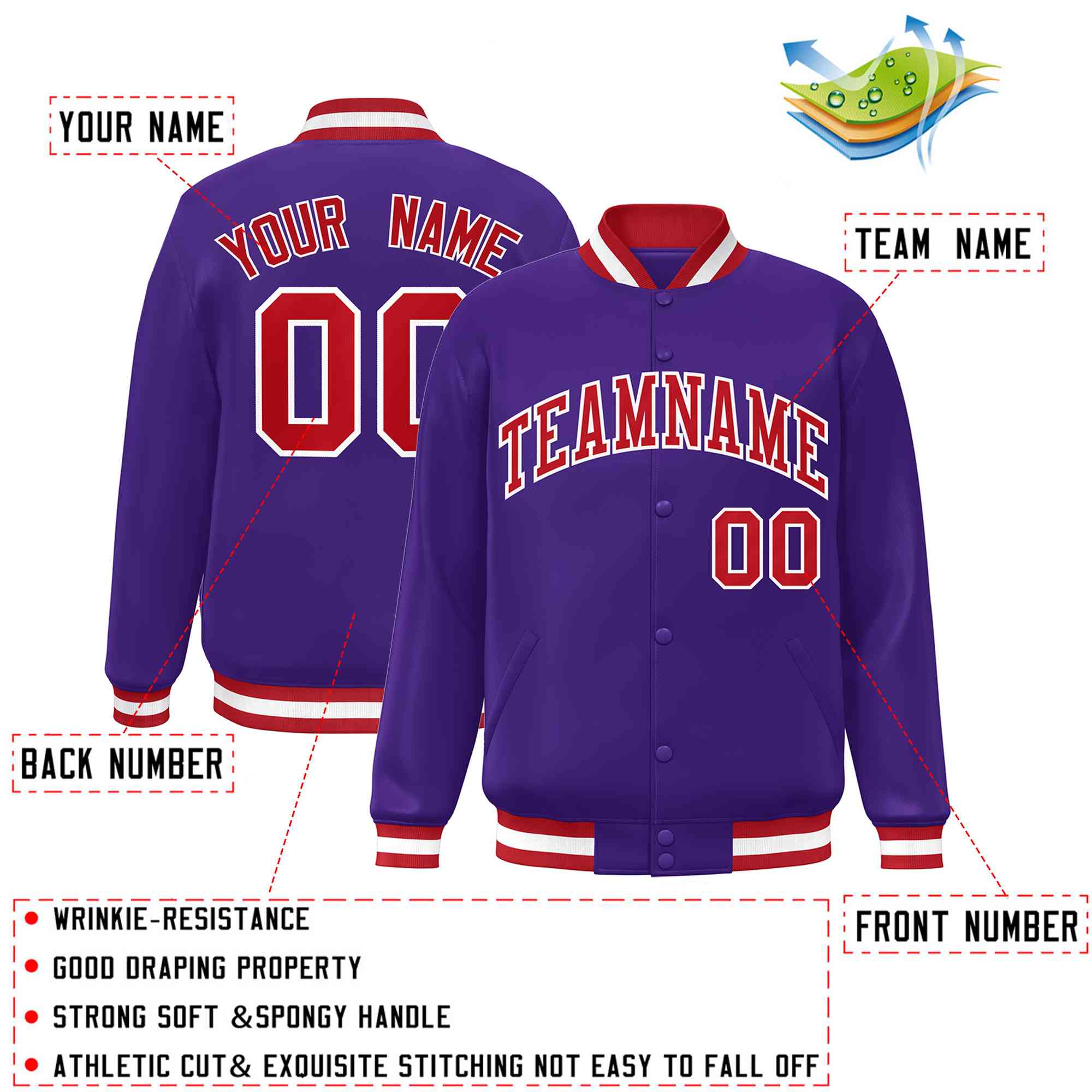 Custom Purple Red-White Classic Style Varsity Full-Snap Letterman Jacket